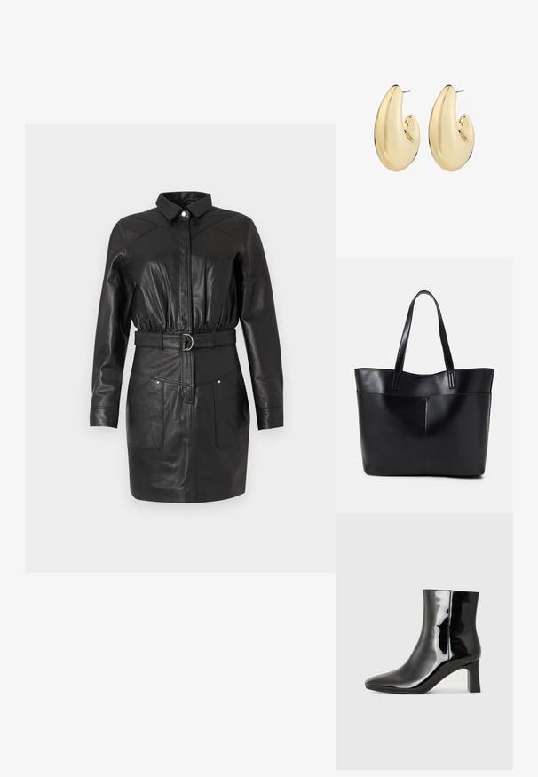 Crna kožna haljina košulja s ovratnikom, zatvaranjem na dugmad, elastičnim strukom, remenom s kružnom kopčom i dva prednja džepa.; Crne lakirane kožne gležnjače s šiljastim prstom i srednje visokom blok petom. Glatka tekstura i minimalistički dizajn.; Crna kožna torba s dugim ručkama, glatkom teksturom i strukturiranim oblikom. Ima prednju džep za dodatno pohranu.; Naušnice zlatnog tona s glatkim, zaobljenim oblikom, poliranim završetkom i osiguranjem na poleđini za sigurno nošenje.