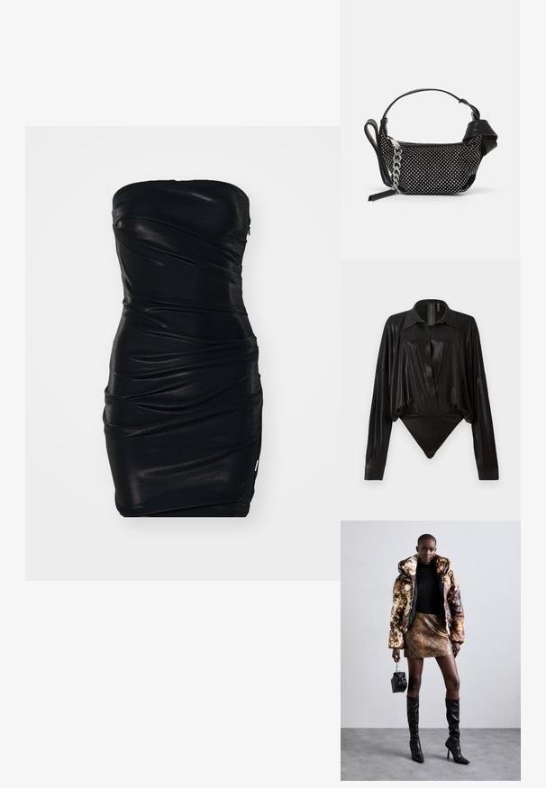 Vestido negro sin mangas con un diseño ajustado, hecho de una tela suave y brillante. Presenta textura fruncida y detalles arrugados en toda su superficie.; Bodysuit negro de mangas largas, escote en V y silueta ajustada. Fabricado en un tejido brillante y suave con un cuello estructurado y puños.; Chaqueta de plumón con un patrón marrón y negro, combinada con una falda corta de piel de serpiente marrón, botas altas negras y un bolso pequeño negro.; Bolso negro con un diseño texturizado, adornado con tachuelas plateadas y una correa de cadena plateada gruesa. Presenta una forma elegante y minimalista.