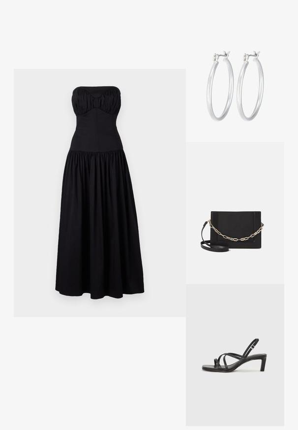 Melna bezsleve garā kleita ar pieguļošu augšdaļu un savilkta svārka. Ražota no gludas auduma, ar sirdītes formas izgriezumu un saskrūvētiem elementiem.; Melnas strappy sandales ar kvadrātveida purngaliem un zemu bloku papēdi. Ievērojamas ar vairākiem plāniem siksniņām un regulējamu potītes siksniņu. Izgatavotas no gludas ādas.; Melna ādas crossbody soma ar gludu faktūru, taisnstūrveida formu un metalizētu ķēdes detaļu priekšā. Iekļauta regulējama siksna.; Sudraba riņķveida auss gredzeni ar gludu, pulētu apdari. Apaļa forma un drošs klikšķa augšējais slēgums. Viegls dizains, kas piemērots ikdienas valkāšanai.