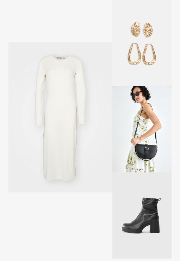 Hosszú ujjú, bordázott ruha törtfehér színben, kerek nyakkivágással és oldalsó hasítékokkal a mozgás szabadságáért. Puha, strukturált anyagból készült.; Fekete bokacsizmák sima bőrből, oldalsó cipzárral, vastag, texturált sarkú és lekerekített orrú dizájnnal.; Fekete bőrtáska ívelt formával, levehető pánttal és arany színű fémrészekkel. A táskán egy csattal díszített fedél található.; Aranyszínű fülbevalók, texturált, hullámos formákkal. Tartalmazza a szobrászati klipszes studokat és az open hoop kialakítást, kalapácsos felülettel.