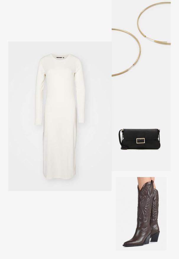 Ilgomis rankovėmis, įribiara suknelė off-white spalvos, su apvalia iškirpte ir šoninėmis plyšėmis patogiam judėjimui. Pagaminta iš minkštos tekstūruotos medžiagos.; Rudos odinės kaubojaus batai su smailiu priekiu ir blokuotu kulnu, pasižymintys detaliu siuvinėjimu ir iškiliais akcentais ant ašies.; Juodas odinis dėkliukas su atvarteliu ir auksinės metalinės sagties detalėmis. Įeina juodas diržas ir elegantiškas, minimalistinis dizainas.; Aukso spalvos žiedo auskarai, ploni ir apvalūs, su lygiu metaliniu paviršiumi be papuošimų ar raštų.