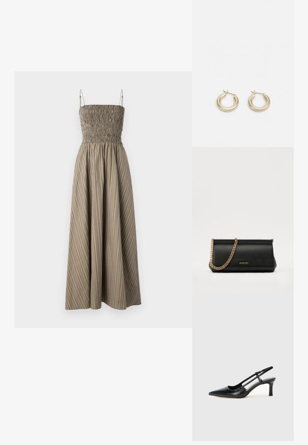 Uten skulderstropp midi kjole med smocket bodice, laget av teksturert stoff i oliven grønn med vertikale hvite striper, og med en flytende skjørt.; Sorte patent slingback hæl med spids tå, featuring tekstureret slangeskind, justerbar rem og en kort, tekstureret blokhæl.; Svart skinnkuvertveske med en gullkjede-rem, med en glatt tekstur, rektangulær form og preget merkevare på forsiden.; Lauren Ralph Lauren BASIC SMALL HOOP - Øredobber - gold-coloured