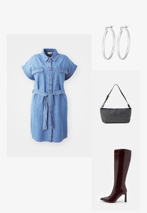 Denim särgidress lühikeste varrukatega, nööbiga ees, kahe rinna-taskuga ja sidumise vöödiga; omab sirget lõiget ja keskmise pikkusega disaini.; Even&Odd Saapad - dark red; Tumesinise kangaga käekott, millel on tekstureeritud hõbedaste nupudega disain, ühekordne reguleeritav must rihm ja ristküliku kuju.; Hõbedased rõngaskõrvarõngad, millel on sile, läikiv viimistlus. Ümmargune kuju ja turvaline klõpsulatus. Kerge disain, sobib igapäevaseks kandmiseks.