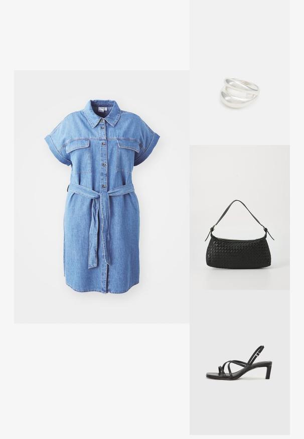 Denim shirt dress with short sleeves, button front, two chest pockets, and a tied waist belt; features a straight cut and mid-length design.; Black strappy sandal with a square toe and a low block heel. Features multiple thin straps and an adjustable ankle strap. Made of smooth leather.; Black woven shoulder bag with a smooth leather strap and zipper closure. Features a textured surface and curved shape.; Silver double-band ring with a smooth, polished surface. Features a fluid, curved design with overlapping sections for a modern look.