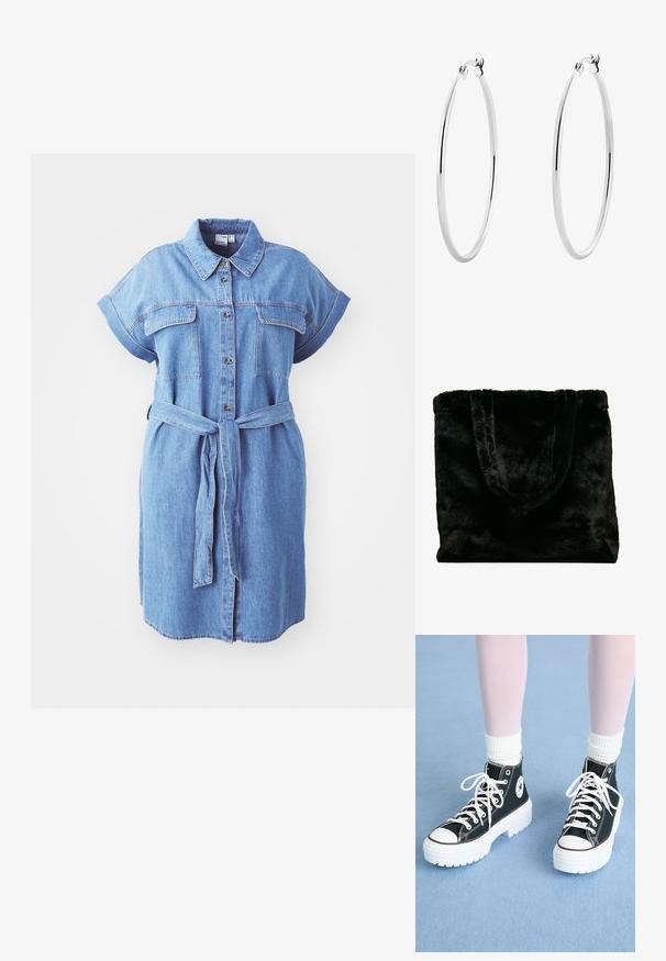 Denimhemdkleid mit kurzen Ärmeln, Knopfverschluss, zwei Brusttaschen und einem gebundenen Taillengürtel; zeichnet sich durch einen geraden Schnitt und ein mittellanges Design aus.; Schwarze High-Top-Sneaker mit weißen Sohlen und Schnürsenkeln, die auf der Seite ein rundes Logo und kontrastierende schwarze Nähte aufweisen. Obermaterial aus strukturiertem Stoff.; Schwarze Tote-Tasche aus Kunstpelz mit weicher Textur. Verfügt über zwei stabile Griffe und ein offenes Design, das für verschiedene Verwendungszwecke geeignet ist.; Silberne Creolen mit einer glatten, polierten Oberfläche und einer dünnen, runden Form. Das Design verfügt über einen sicheren Verschluss.
