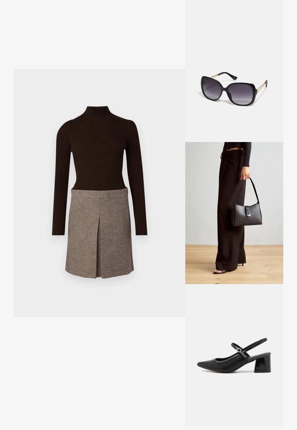 Pruun ribiline kõrge kaelusega topp, millel on põlvikutega seelik, millel on voldi detail, mõlemad on valmistatud pehmest, tekstuursetest kangast.; Mustad läikivad nahast slingback-kõrged kontsad, millel on terav nina, ümar lõikekujundus ja blokknina. Omab kuldset nupu aktsenti.; Mustad ümarad päikeseglaasid, millel on gradient objektiivid, paksud raamid ja kuldse tooni kettaga kaunistused tempelitel.; Must musta kott, millel on struktureeritud kuju, sile tekstuur ja metallist klamber. Kombineeritud laiate mustade pükstega ja avatud varvaste sandaalidega puidust põrandal.