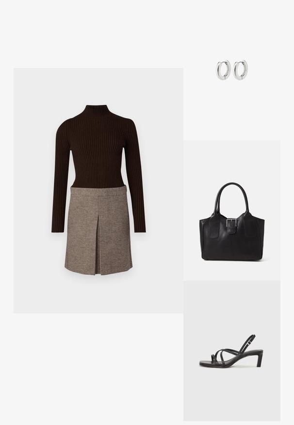 Pruun ribiline kõrge kaelusega topp, millel on põlvikutega seelik, millel on voldi detail, mõlemad on valmistatud pehmest, tekstuursetest kangast.; Mustast rihmajalatsid ruudukujulise varba ja madala ploki kontsaga. Omab mitmeid õhukesi rihmasid ja reguleeritavat pahkluu rihma. Valmistatud siledast nahast.; Mustgamma nahast kott, millel on sile tekstuur, struktureeritud kuju, kaks käepidet ja esiküljel silmapaistev hõbedane pandla detail.; Hõbedased rõngassüstid läikiva viimistlusega, millel on ümmargune disain ja sujuvad hinged, mis näitavad sileda tekstuuri.