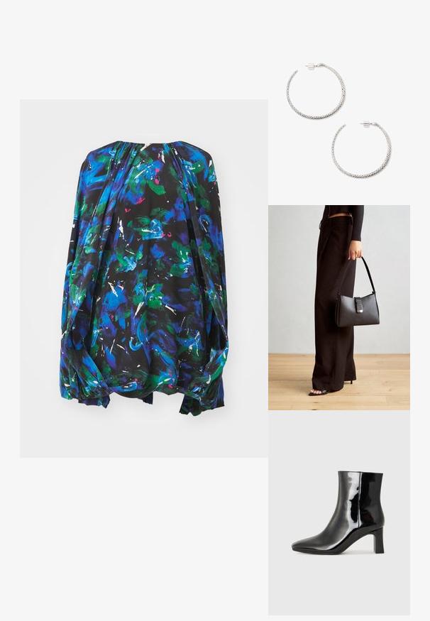 Fließende schwarze Bluse mit lebhaften, abstrakten Blumenmustern in Blau, Grün und Weiß. Rundhalsausschnitt mit gerafftem Detail und lockeren Ärmeln.; Schwarzer Lackleder-Stiefelette mit spitzer Zehe und einem mittelhohen Blockabsatz. Glatte Textur und minimalistisches Design.; Schwarze Handtasche mit strukturierter Form, glatter Textur und einem metallischen Verschluss. Kombiniert mit weiten schwarzen Hosen und offenen Sandalen auf einem Holzboden.; Geflochtene silberne Creolen mit einer strukturierten Oberfläche. Sichere Steckverschluss mit einem kleinen, zylindrischen Akzent.