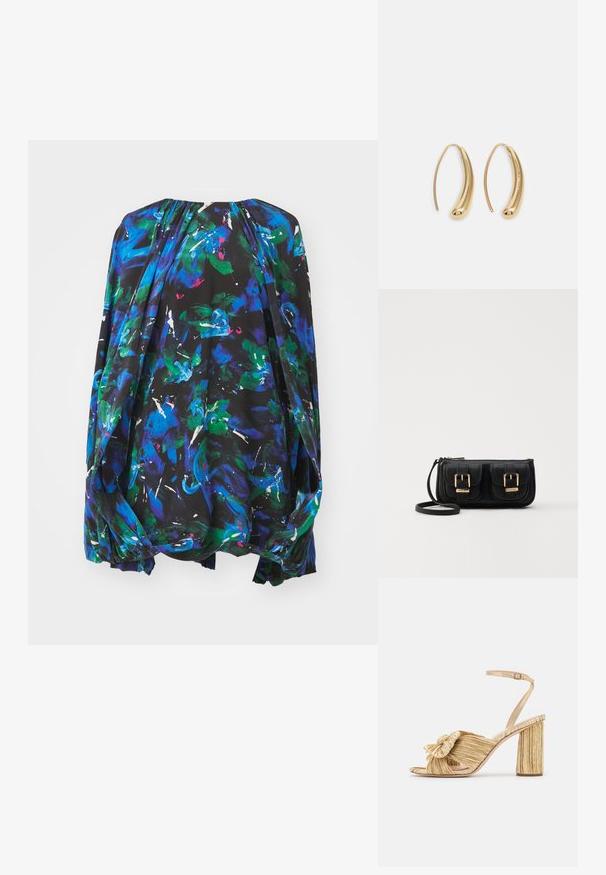 Laza fekete blúz élénk, absztrakt virágmintákkal kék, zöld és fehér színekben. Kerek nyakkivágás ráncos részletekkel és laza ujjak.; Arany sarkú szandálok, elől megkötve, pliszírozott textúrával és boka pánttal. A blokksarok bordázott mintázattal rendelkezik, amely javítja a tapadást.; Fekete bőr keresztbody táska két elülső zsebbel, arany csattokkal, cipzáras záródással és vékony pánttal. Textúrált felület és kompakt téglalap alak.; Aranyszínű fémből készült karika fülbevalók ívelt, hosszúkás formával. Simaságával és fényes felületével, valamint lekerekített végével további részletekkel bővül.