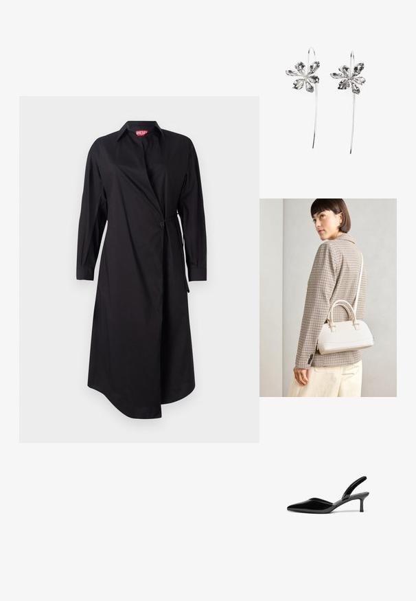 Svart skjorteaktig kjole med lange ermer, omslagdesignet og belte i midjen. Laget av glatt stoff med en ren, rett silhuett.; Sorte patent lær slingback-heler med spiss tå, lav stilettostøvel og et stilrent, enkelt design uten dekorasjoner.; Hvit strukturert håndveske med korte håndtak og skulderreim, med detaljer i gullfinish og teksturert materiale, vist mot en grå bakgrunn.; Sølvblomstformede ørevipper med en teksturfinish, der har lange kroker og kronbladlignende detaljer for et intrikat design.