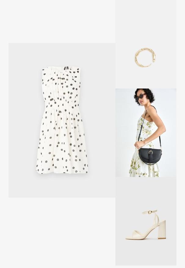 Bela obleka s črnimi pikami, brez rokavov, nabrana zgornji del, prilegajoč pas, zaključena z skritim zadrgo na hrbtni strani.; Sandali s peto v kremni barvi, z odprtim prstom, debelim blokastim petam, tankim gležnjarjem in subtilnim sijajem. Zaponka na traku.; Črna usnjena torbica s ukrivljeno obliko, z odstranljivo naramnico in zlatimi dodatki. Torbica ima pokrov s podrobnostmi v obliki zaponke.; Zlati prstan s organskim, zvitim dizajnom, gladko površino in taperiranimi konci, ki ustvarja modernega, skulpturalnega videza.