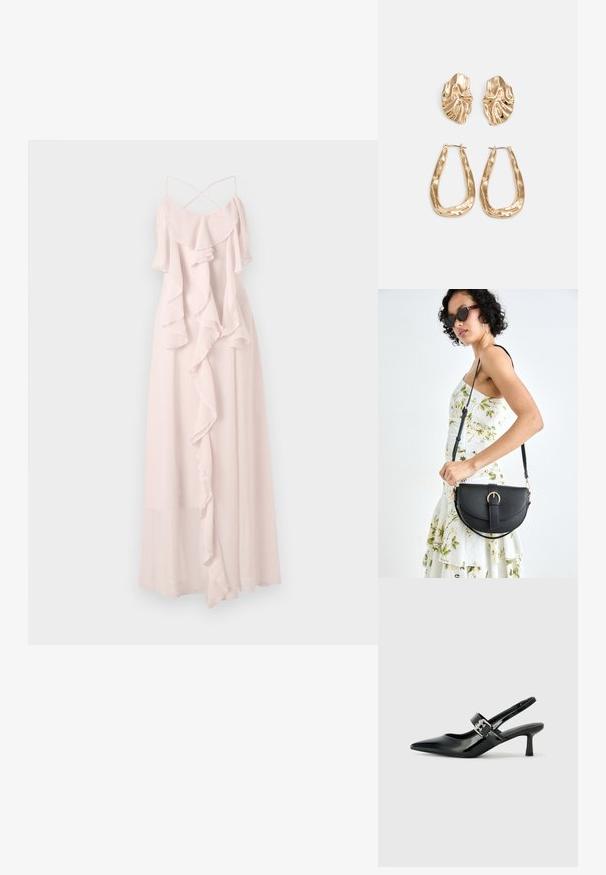 Vestido longo de cor rosa pálido, feito de tecido leve, com camadas franzidas e alças finas ajustáveis com um design cruzado nas costas.; Saltos slingback em verniz preto com bico pontiagudo e um pequeno salto bloco, apresentando um detalhe de fivela prateada na tira.; Bolsa de couro preta com forma curva, alça destacável e detalhes em dourado. A bolsa possui uma aba com detalhe de fivela.; Brincos em tom de ouro com formas onduladas e texturizadas. Inclui studs escultóricos com presilha e um design de argola aberta com um acabamento martelado.