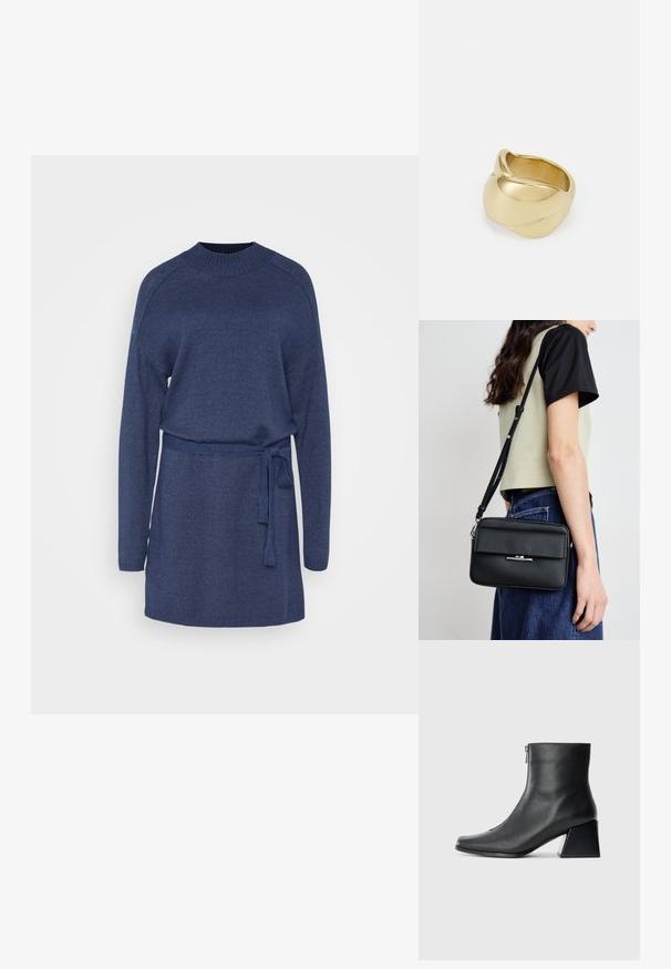 Jūras spēku zils adīts kleitas modelis ar garām piedurknēm, apaļu kakla izgriezumu un jostasvietu ar jostu. Iekļautas ribotas aproces un apakšmalas, lai piešķirtu papildu tekstūru.; Melna ādas potītes zābaku ar kvadrātveida purngalu, sānu rāvējslēdzēju un bloku papēdi uz vienkārša gaismas fona.; Calvin Klein LINEAR CAMERA BAG - Plecu soma - black; Zelta krāsas gredzens ar gludu, vērptu dizainu. Tam ir pulēta virsma un noapaļotas malas, veidojot nepārtrauktu, plūstošu formu.