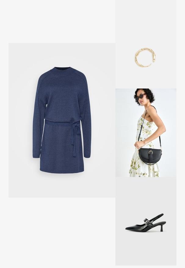 Jūras spēku zils adīts kleitas modelis ar garām piedurknēm, apaļu kakla izgriezumu un jostasvietu ar jostu. Iekļautas ribotas aproces un apakšmalas, lai piešķirtu papildu tekstūru.; Melnas lakotas ādas sūkņa kurpes ar norādītu purngali un mazu bloku papēdi, ar sudraba sprādzi akcentā uz jostas.; Melnas ādas rokassoma ar izliekta formu, noņemamu siksnu un zelta aksesuāriem. Somai ir vāciņš ar sprādzes detaļu.; Zelta toņa gredzens ar organisku, vērptu dizainu, gludu virsmu un sašaurinātiem galiem, radot mūsdienīgu, skulpturālu izskatu.