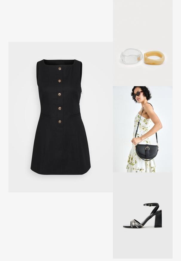 Crna haljina bez rukava sa kvadratnim izrezom, prednjim dugmadi, dva bočna dzepa i strukturiranim siluetom, izrađena od glatkog materijala.; Crne sandale na visokom potpeticu s blok petom, s trakama s metalnim detaljima i tri ukrštene trake na prstima.; Crna kožna torba s lukovitim oblikom, odvojivim remenom i zlatnim detaljima. Torba ima preklop s kopčom.; Bistre i prozirni prstenovi od smole, jedan glatki i proziran, a drugi s teksturiranim, bistrim završetkom. Obojica imaju zaobljene, masivne dizajne.