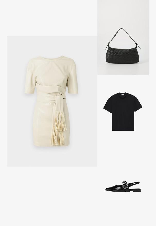 Kremasta kožna haljina s kratkim rukavima, pripijenim korzetom i pojasom s mašnom s detaljem od resica. Glatka tekstura i minimalistički dizajn.; Crna kratka majica s kratkim rukavima i okruglim izrezom, napravljena od glatke pamučne tkanine. Dizajn je jednostavan bez uzoraka ili akcenta.; Crne kožne sandale s pointed toe, širokom trakom s srebrnom kopčom i niskim kvadratnim potplatom. Glatka tekstura, minimalistički dizajn.; Crna torba preko ramena od tkanine s glatkim kožnim remenom i zatvaranjem na patentni zatvarač. Ima teksturiranu površinu i zakrivljen oblik.