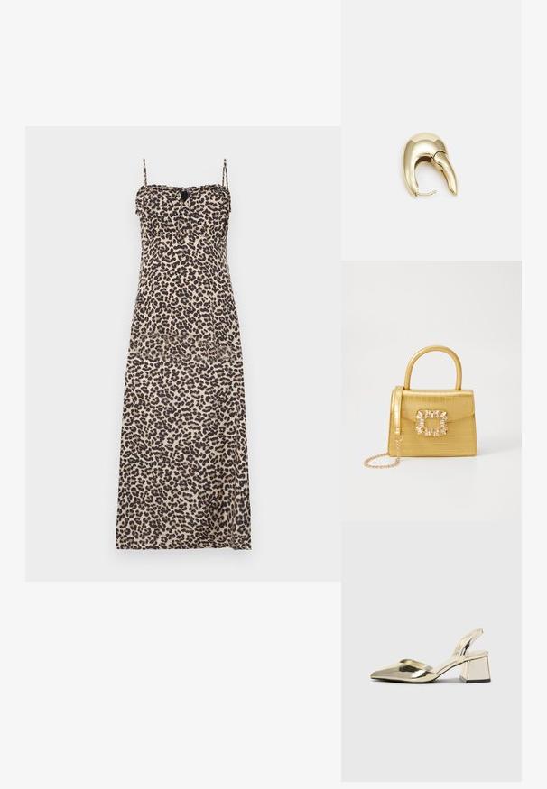Rochie maxi cu imprimeu de leopard, cu bretele subțiri ajustabile, un corset ajustat și o fustă fluidă dintr-un material ușor.; Pantofi cu toc slingback metalici aurii, cu vârf ascuțit și toc chunky. Textură netedă, design minimalist și o curea subțire.; Geantă galbenă din faux-crocodil cu un design structurat, mână superioară, curea detașabilă cu lanț și embellisment decorativ cu cristale pe închidere.; Cercei din metal de culoare aurie cu un design elegant și curbat. Prezintă o formă distinctivă, ascuțită, o suprafață lustruită și un sistem de închidere cu balama.