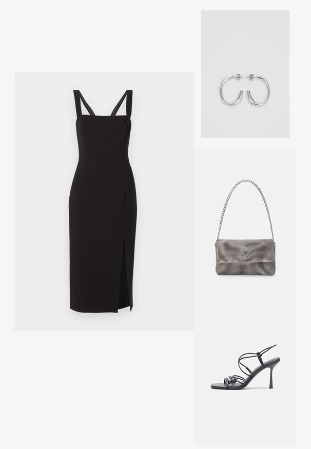 Svart figursydd midiklänning med fyrkantig halsringning, breda axelremmar och en sidoöppning. Tillverkad av ett mjukt tyg, har den en elegant silhuett.; Svarta högklackade sandaler har tunna remmar med en knuten design, en slät fyrkantig tå och en smal stilettklack.; Ljusgrå metallisk handväska med kedjestropp, prydd med små cirkulära metallnitar och en triangulär logotyp.; Silver hoopsörhängen med en slät, glänsande yta, med en böjd form och post-stängning. Minimalistisk design med en modern finish.