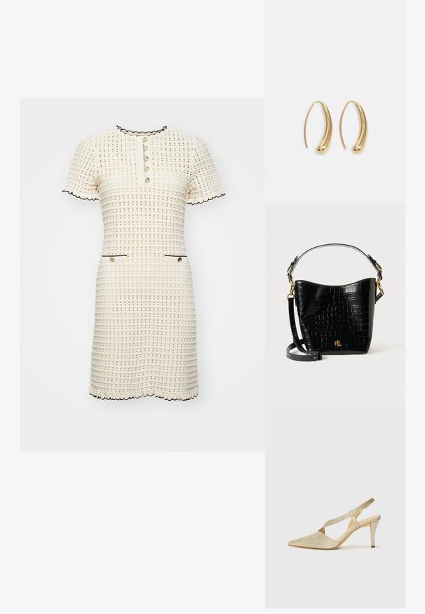 sandro ROBE ENCOLURE TUNISIEN - Strickkleid - vanille; Glänzende goldene Slingback-Pumps mit einer spitzen Zehe, einem dünnen Knöchelriemen und einem schlanken Absatz. Die Oberfläche hat ein strukturiertes metallisches Finish.; Schwarze, krokodilgeprägte Lederhandtasche mit geschwungener Form, goldfarbenen Hardware-Akzenten, einem verstellbaren Riemen und einem Logodetail auf der Vorderseite.; Goldfarbene Metall-Hoops mit einer geschwungenen, länglichen Form. Sie verfügen über eine glatte, glänzende Oberfläche und eine abgerundete Spitze für zusätzliche Details.