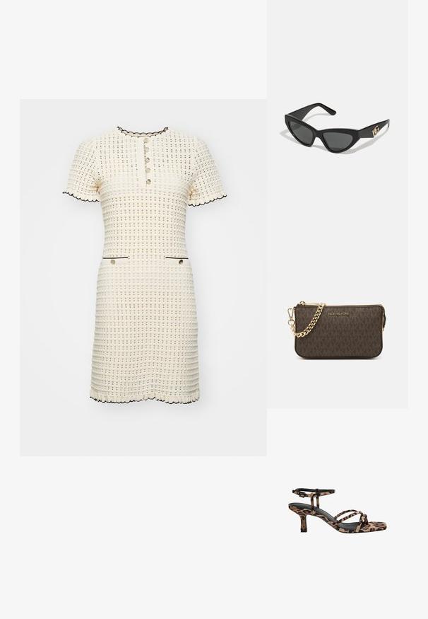 sandro ROBE ENCOLURE TUNISIEN - Strickkleid - vanille; Leopardenmuster Absatzsandalen mit Quadratzehen, mehreren Riemen und einem mittelhohen Absatz. Hergestellt aus weichem Textilmaterial.; Cat-Eye-Sonnenbrille mit mattem schwarzen Kunststoffrahmen, dunklen Gläsern und einem goldenen Logoplatz auf dem Bügel. Winkeliges Design und glatte Oberfläche.; Braune Leder-Crossbody-Tasche mit Logo-Muster, goldener Kettenriemen, Reißverschlussverschluss und goldenen Hardware-Details. Kompakte und rechteckige Form.