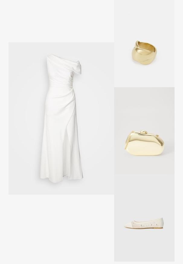 Egy vállra felső fehér ruha drapírozott anyaggal, karcsú derékrésszel és oldalsó hasítékkal. Simaság jellemzi, és földtől érő kialakítása elegáns sziluettet teremt.; Krém bőrből készült, hegyes orrú lapos cipő átlátszó felsőrésszel, ami szétszórt gyémántokkal van díszítve. Puha talp a kényelemért, minimalista dizájn.; Fémes arany színű kistáska sima, lekerekített formával, tetején gombos záródással és kis láncfogóval a hordozáshoz.; Aranyszínű gyűrű sima, csavarodott mintával. Polírozott felülettel és lekerekített élekkel rendelkezik, ami zökkenőmentes, folyékony formát kölcsönöz neki.