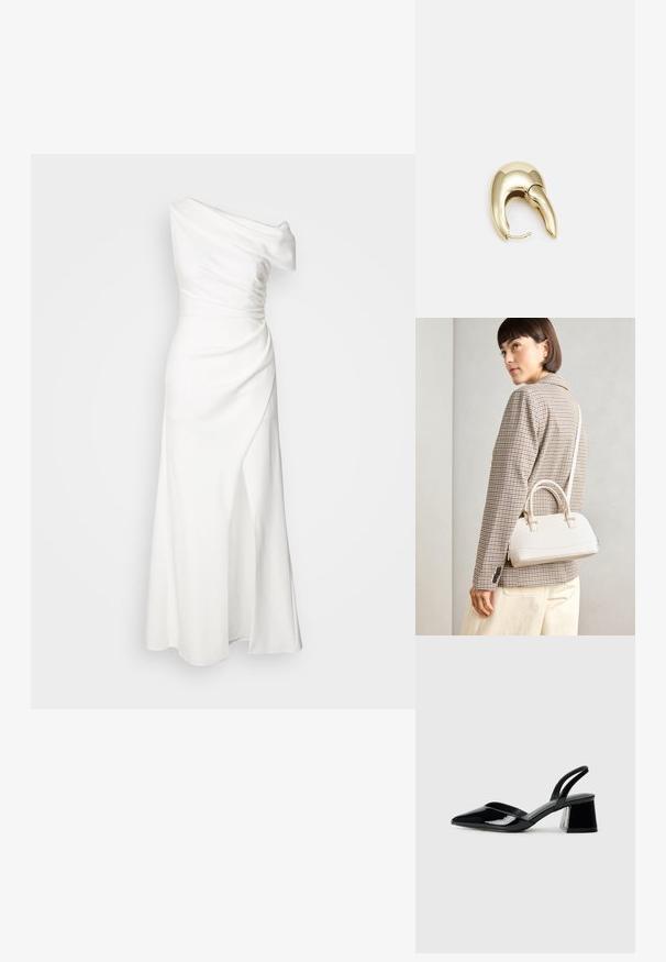 One-shoulder white dress with draped fabric, fitted waist, and a side slit. Smooth texture and floor-length design, creating an elegant silhouette.; Black patent leather slingback heels with a pointed toe and a geometric block heel. Features a sleek, minimal design and smooth texture.; White structured handbag with short handles and a shoulder strap, featuring gold hardware accents and textured material, displayed against a grey background.; Gold-tone metal earring with a sleek, curved design. Features a distinctive pointed shape, polished surface, and hinge closure.