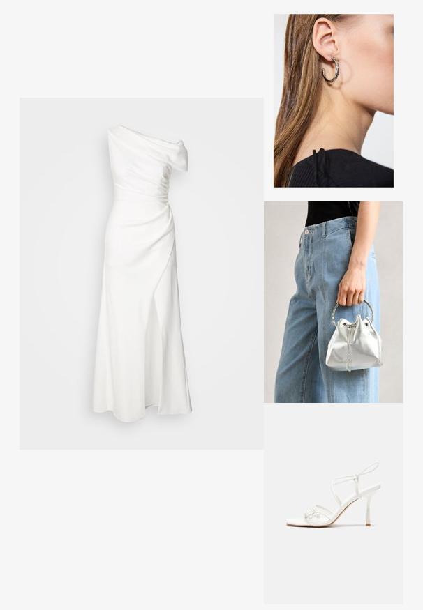 Yhden olkaimen valkoinen mekko, jossa on laskostettu kangas, istuva vyötärö ja sivuhaara. Sileä rakenne ja lattiaan ulottuva muotoilu luovat elegantin siluetin.; Valkoinen remmillä varustettu korkokenkä, jossa tasapohja, teksturoitu etuosa koukkuineen ja kapea nilkkaremmi.; Metallinen hopeinen pussilaukku, jossa on teksturoitu pinta, koristeltu hopeisella pyöreällä kaksikahvalla ja kiristysnyörillä, pidetty vaaleansinisten farkkujen edessä.; Hopea renkaankorvakoru kiiltävällä pinnalla, jossa on pieniä kultaisia yksityiskohtia ja pyöreä muoto, käytetty korvalla.