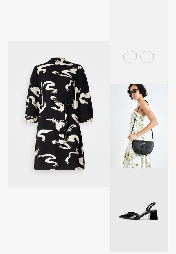 Črna obleka z belimi vzorci labodov, dolgi napihnjeni rokavi, visok ovratnik in pas z zavezovanjem v pasu. Lahkoten material z gladko teksturo.; Črne lakirane slingback pete s koničastim nosom in geometrijsko blokasto peto. Imajo eleganten, minimalističen dizajn in gladko teksturo.; Črna usnjena torbica s ukrivljeno obliko, z odstranljivo naramnico in zlatimi dodatki. Torbica ima pokrov s podrobnostmi v obliki zaponke.; Srebrne kroglice z elegantnim, okroglim oblikovanjem, z gladko površino in brez vidnih okrasnih elementov. Premer ni določen.