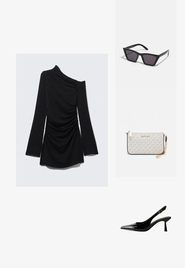 Fekete, hosszú ujjú felső, egyoldalas dizájnnal, gyűrt textúrával és sima anyaggal, deréknál vágott, harangujjakkal.; Fekete lakk bőr slingback pumpa hegyes orral, kivágott oldalakkal, állítható boka pánttal és vékony, elegáns sarkával.; Fekete, szögletes napszemüveg szürke lencsékkel; műanyagból készült, vastag karokkal, sima felülettel és látható hardver nélkül.; Michael Kors bézs bevonatos vászon karkötő, amely ismétlődő MK logó mintával, aranyszínű fémrészletekkel és levehető lánchordóval rendelkezik.