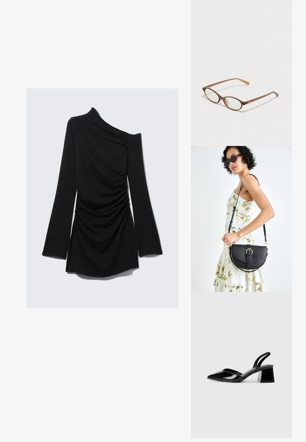 Blusa de mangas longas preta com design de um ombro, apresentando textura franzida e tecido suave, com cortes na cintura e mangas largas.; Sandy em verniz preto com salto slingback, ponta afilada e salto geométrico. Apresenta um design elegante e minimalista com textura suave.; Óculos tortoiseshell castanhos com lentes ovais, hastes finas e acabamentos transparentes. Apresenta um logótipo subtil na têmpora. Design elegante e leve.; Bolsa de couro preta com forma curva, alça destacável e detalhes em dourado. A bolsa possui uma aba com detalhe de fivela.