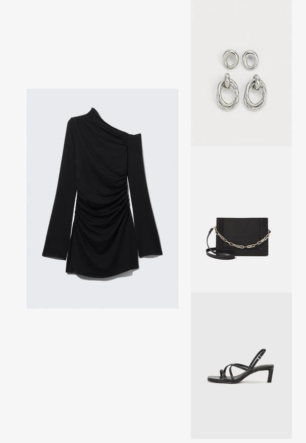 Czarna bluzka z długim rękawem o asymetrycznym kroju, z marszczonym wykończeniem i gładkim materiałem, ścięta w talii z rozkloszowanymi rękawami.; Czarne sandały na obcasie z prostokątnym noskiem i niskim słupkowym obcasem. Posiadają wiele cienkich pasków i regulowany pasek na kostkę. Wykonane z gładkiej skóry.; Czarna skórzana torebka typu crossbody z gładką teksturą, prostokątnym kształtem oraz metalowym detalem w postaci łańcuszka z przodu. W zestawie regulowany pasek.; Srebrne metalowe kolczyki z dwoma wzorami: skręcony okrągły pierścień oraz gładki okrągły wkręt. Odbijająca powierzchnia zwiększa elegancję.