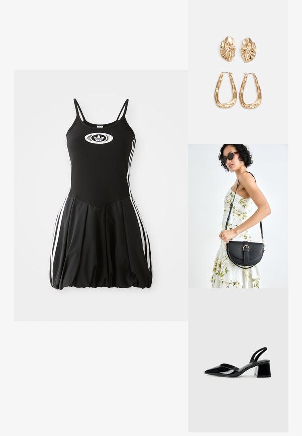 Melns bezpiedurkņu kleita ar pieguļošu ribotu augšu, pūkainu svārku, baltām sānu svītrām un baltu ovālu logotipu uz krūšu daļas.; Melna lakota āda ar atvērto papēdi, ar smailu purngalu un ģeometrisku blokpapēdi. Iezīmējas elegants, minimāls dizains un gluda tekstūra.; Melnas ādas rokassoma ar izliekta formu, noņemamu siksnu un zelta aksesuāriem. Somai ir vāciņš ar sprādzes detaļu.; Zelta krāsas auskari ar teksturētām, viļņotām formām. Iekļauts skulpturāls piespraužams modelis un atvērta gredzenveida konstrukcija ar izsistām virsmām.