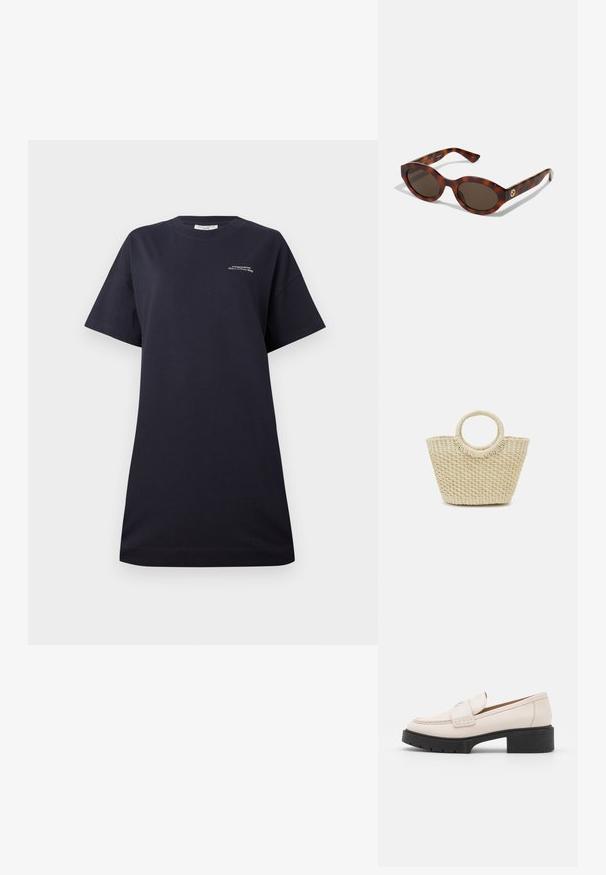 Juodas medvilnės marškinėliai su trumpomis rankovėmis, apvaliu kaklu, laisvo kirpimo, su mažo balto logotipo spauda ant krūtinės ir lygiu paviršiumi.; Šviesiai smėliniai odiniai laivai su siuvinėta priekiu ir tekstūriniu juodu platformos kulnu. Pasižymi kreiviu dizainu ir nedideliu pakilimu.; Kiaušinio lukšto saulės akiniai su apvaliais rėmeliais, tamsiais lęšiais ir auksiniu logotipu ant šventyklų. Lygus plastiko paviršius, jokie matomi raštai.; Sensi Studio MINI MINI CANASTA HANDBAGS - Rankinė - natural