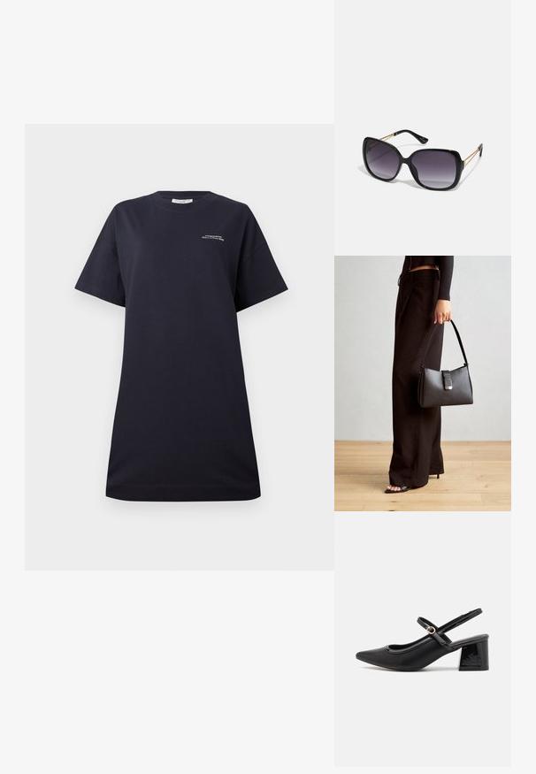Mustat puuvillateepaidat, joissa on lyhyet hihat, pyöreä pääntie ja rento istuvuus. Paidassa on rintaosassa pieni valkoinen logo ja sileä pinta.; Musta lakattu nahka slingback-korkokengät, joissa on terävä kärki, pyöreä aukko-muotoilu ja lohkokorko. Varustettu kultasävyisellä solkiyksityiskohdalla.; Mustat ylisuurten kehysten aurinkolasit, joissa on liukuväri-linssit, paksut kehykset ja kultasävyiset ketjustuskoristeet temppeleissä.; Musta käsilaukku, jossa on rakenteellinen muoto, sileä pinta ja metallinen solki. Yhdistetty leveisiin mustiin housuihin ja avonaiheisiin sandaaleihin puulattialla.