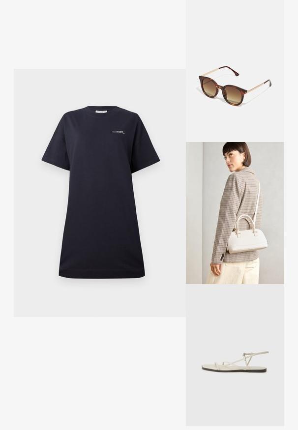 Melnā kokvilnas T-kreklā ar īsām piedurknēm, apaļo dekoltē, brīvā piegriezumā, ar mazu, baltu uzdrukātu logo uz krūtīm un gludu tekstūru.; Bežīgas plakanas čības ar vairākiem plāniem siksniņām un regulējamu sprādzi. Zole ir plakana ar nelielu tumšu kontrastu malā.; Bramuļu saulesbrilles ar gradienta brūnajiem stikliem, noapaļota forma un zeltaini metāla akcenti uz tempļiem.; Balta strukturēta roku soma ar īsām rokturiem un plecu siksnu, ar zelta aparatūras akcentiem un strukturētu materiālu, izstādīta uz pelēka fona.