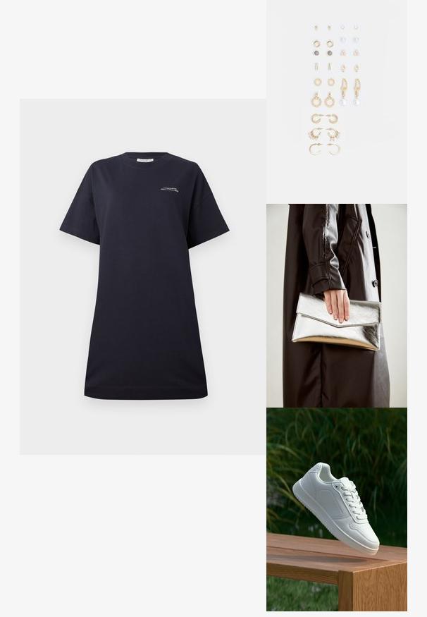 Fekete pamut póló rövid ujjakkal, kerek nyakkal, laza fazonban, ami kis, fehér nyomott logóval büszkélkedhet a mellrészen, és sima textúrával rendelkezik.; Fehér sportcipő sima szintetikus felsőrésszel, perforált lábujjrész, lapos fűzőkkel és texturált talppal, fából készült felületen kihelyezve.; Ezüst fém clutch, szögletes borítékszerű kialakítással, sima felülettel és kontrasztos belső színnel, amelyet egy fekete kabátot viselő kéz tart.; Arany tónusú fülbevalók szettje, amely különféle mintákat tartalmaz, beleértve a stift fülbevalókat, karikákat és gyöngyökkel és strasszokkal díszített hosszú fülbevalókat.