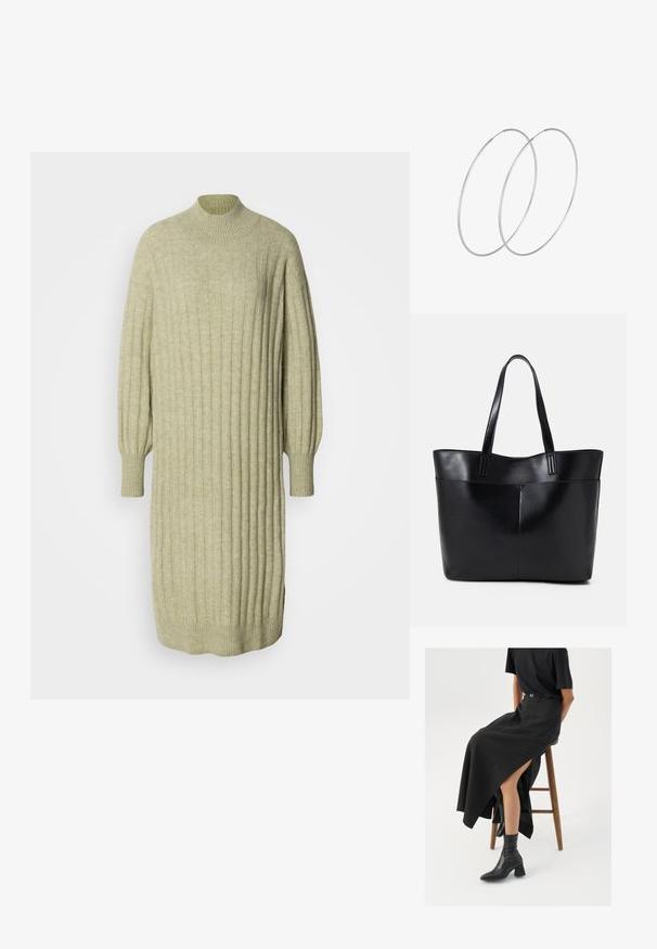 Robe tricotée vert clair avec une texture côtelée, un col haut et des manches ballon. Coupe ample avec des fentes latérales à l'ourlet.; Jupe maxi en lin noir avec une fente haute, portée avec un t-shirt noir et des bottes de cheville noires. Design minimaliste avec une coupe décontractée.; Sac fourre-tout en cuir noir avec deux longues poignées, une texture lisse et une forme structurée. Dispose d'une poche avant pour un rangement supplémentaire.; Boucles d'oreilles en argent au design minimaliste. Forme circulaire, texture lisse et profil fin. Légères avec une finition polie.