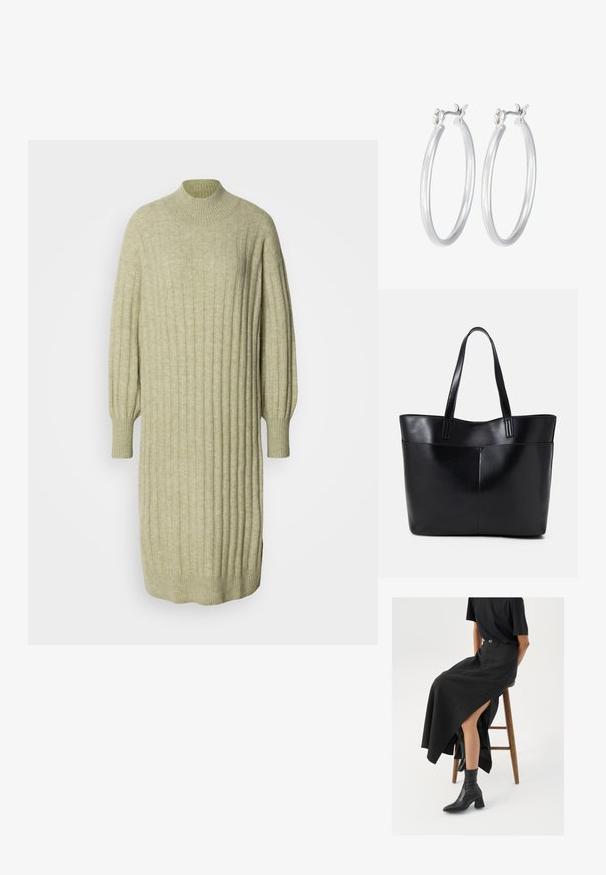 Lichtgroen gebreid jurkje met een ribbelstructuur, hoge hals en ballonmouwen. Losse pasvorm met zijsplitten aan de zoom.; Zwarte linnen maxi rok met een hoge split, gedragen met een zwart T-shirt en zwarte enkellaarsjes. Minimalistisch ontwerp met een relaxte pasvorm.; Zwarte leren tote bag met twee lange handvatten, een zachte textuur en een gestructureerde vorm. Voorzien van een voorvak voor extra opslagruimte.; Zilveren oorbellen in de vorm van een gladde, gepolijste ring. Ronde vorm met een veilige kliksluiting. Lichtgewicht ontwerp, geschikt voor dagelijks gebruik.