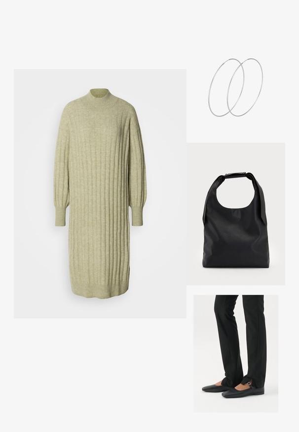 Lichtgroen gebreid jurkje met een ribbelstructuur, hoge hals en ballonmouwen. Losse pasvorm met zijsplitten aan de zoom.; Zwarte leren balletschoenen met een puntige neus, bandje met een zilveren gesp, gecombineerd met zwarte nauwsluitende broek met een zijsplit.; Zwarte lederen handtas met een grote open bovenkant en een enkele schouderriem. Zachte textuur, minimalistisch ontwerp, met subtiele metalen accenten.; Zilveren hoepel oorbellen met een minimalistisch ontwerp. Cirkelvormig, gladde textuur en dun profiel. Lichtgewicht met een gepolijste afwerking.