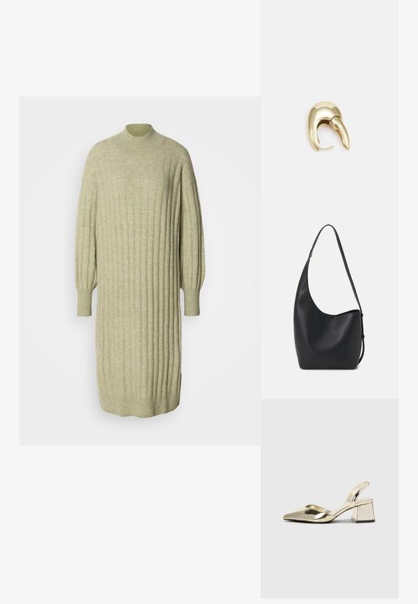Svetlo zelena pletena obleka z žametno teksturo, visokim ovratnikom in balonskimi rokavi. Ohlapen kroj z stranskimi razporki na robu.; Zlati, kovinski slingback čeveljci z ostrim nosom in masivnim peto. Gladka tekstura, minimalistična zasnova in ozka zanka.; Črna usnjena hobo torba z gladko teksturo, ukrivljeno obliko in eno nastavljivo naramnico; ima širok odprtina na vrhu.; Uhane nakit iz zlatastega tona z gladko, ukrivljeno zasnovo. Ima edinstveno koničasto obliko, polirano površino in zaponko s tečajem.