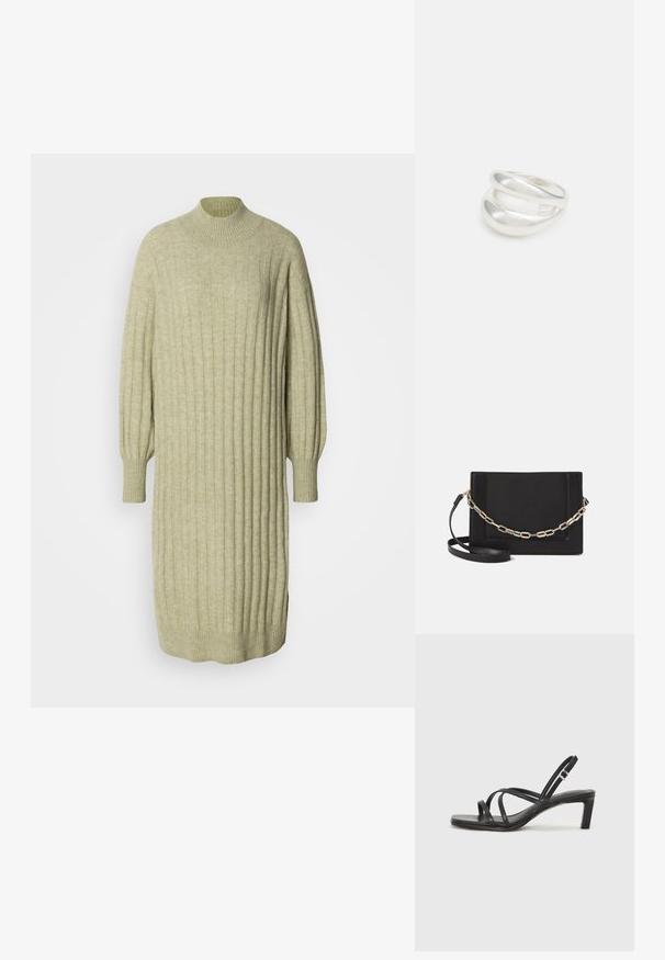 Light green knitted dress with a ribbed texture, high neckline, and balloon sleeves. Loose fit with side slits at the hem.; Black strappy sandal with a square toe and a low block heel. Features multiple thin straps and an adjustable ankle strap. Made of smooth leather.; Black leather crossbody bag featuring a smooth texture, rectangular shape, and a metallic chain detail on the front. Adjustable strap included.; Silver double-band ring with a smooth, polished surface. Features a fluid, curved design with overlapping sections for a modern look.