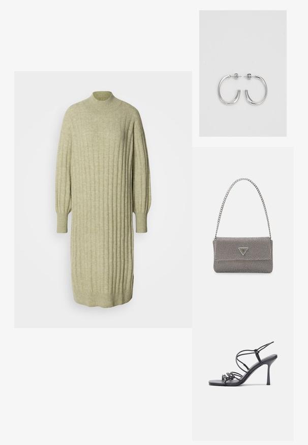 Gaiši zaļa adīta kleita ar ribotām tekstūrām, augstu apkakli un ballonveida piedurknēm. Brīvs griezums ar sānu šķēlumiem apakšmalā.; Melnas augstpapēžu sandales ar plāniem siksniņām un mezgla dizainu, gluda kvadrātveida purngalu un elegantu stiletto papēdi.; Gaiši pelēka metāla rokassoma ar ķēdes siksnu, rotāta ar mazām apaļām metāla kniedēm un trīsstūra zīmola logo.; Sudraba riņķveida auskari ar gludu, spīdīgu apdari. Apaļas formas, viegla dizaina, ar aizdari uz stieples.
