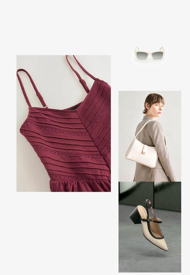 Bordeaux jurk met verticale ribbeltextuur, dunne bandjes en een decoratief oogjespatroon bij de buste. Afgeronde zoom aan de onderkant.; Beige puntige slingback schoen met zwarte rand, gouden gesp en een chunky blokhak op een grijze vloer met een donker groene achtergrond.; Zonnebril met een kat-oog ontwerp, witte plastic montuur, grijze graduerende lenzen en dunne pootjes met subtiele merklijn.; Witte leren handtas met een gestructureerd ontwerp, voorzien van een magneetsluiting en een schouderriem, tentoongesteld tegen een neutrale achtergrond.