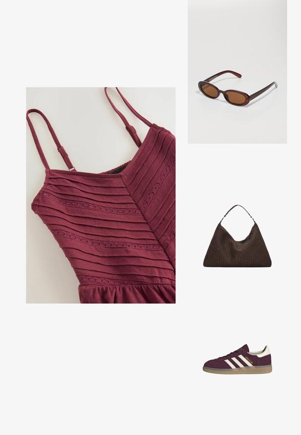 Rochie bordeaux cu textură ribbed verticală, bretele subțiri și un model decorativ de ochiuri aproape de bust. Poală rotundă în partea de jos.; Adidași din suede bordeaux cu trei dungi albe și accente bej. Prezintă o talpă din cauciuc texturată și un branding de aur pe lateral.; Ochelari de soare rotunzi, cu nuanțe de brown și cu un cadru lucios de burgund. Brațe subțiri cu detalii subtile de branding. Design cu lentile plate.; Geantă din piele împletită, de culoare maro, cu o formă triangulară, lejeră. Are un mâner împletit și închidere cu fermoar pe partea superioară.