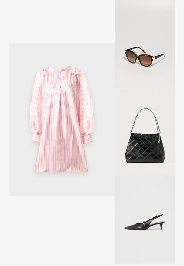 Rózsaszínű ruha függőleges fehér és korallcsíkokkal, V-nyakkivágással és puffos hosszú ujjal. Simának, selymesnek tűnő textúrával.; Fekete bőr női sarokszandál, hegyes orral, vékony tűsarkúval és arany színű díszítéssel a bokapántnál. Simító felület és letisztult forma.; Tarkabőrű napszemüveg pillangó formában, gradiens barna lencsékkel és arany díszítéssel az elején, karcsú, fényes felületű szárakkal.; Fekete, steppelt bőr kézitáska ezüst láncos fogantyúval, strukturált kialakítással és sima textúrával.