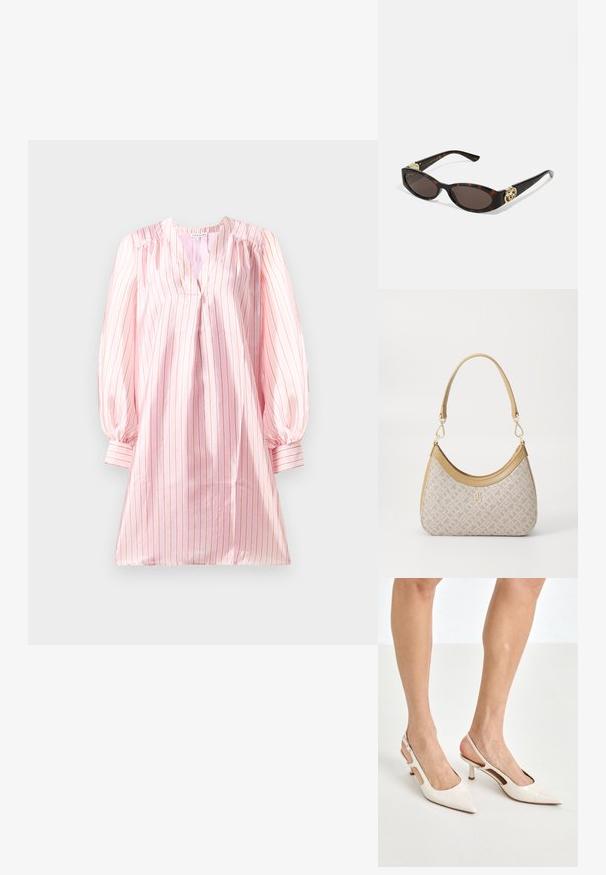 Vestido rosa claro con rayas verticales blancas y coral, con escote en V y mangas largas abullonadas. Textura suave y similar a la seda.; Tacones slingback de charol beige con punta afilada y un tacón de 5 cm, con lados recortados y una delgada correa en el tobillo.; Gafas de sol carey con lentes ovalados alargados, tintado marrón, acentos de logo dorado en las patillas y brazos negros elegantes.; Bolso de mano beige con un patrón y forma curva, acentos de cuero y un logo tono dorado en la parte frontal. Cuenta con un asa corta para un fácil transporte.