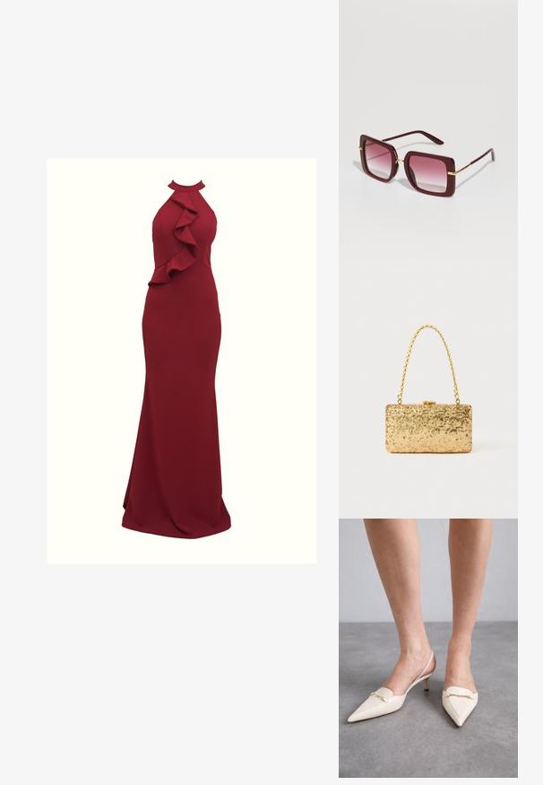 Burgundska halterneck obleka z nabranimi stranskimi detajli; prilegajoča silhueta; narejena iz gladkega, raztegljivega blaga; dolga do tal.; Kremne barve slingback pete z ostrim nosom in ozkim srednjim peto, ki jih krasi zlat verižni naglas na vampu in gladka usnjena tekstura.; Dolce&Gabbana Sončna očala - bordeaux; Zlata torbica s pomičnim šalom v pravokotni obliki, z zasukano verižico in kovinskim zapiranjem, ki odseva svetlobo z teksturirano površino.