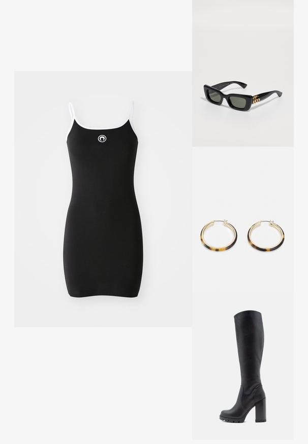Fekete bordás ruha vékony fehér pántokkal és kör alakú logóval a mellen. Egyszerű dizájn, testhez álló sziluett, sima textúra.; Fekete, térdig érő csizma, sima bőrből készült, vastag sarkú, kerek orrú, tapadóval ellátott, textúrált talppal, letisztult dizájn, díszítések nélkül.; Fekete téglalap alakú napszemüveg sötétzöld lencsékkel, oldalon fényes arany logóval. Sima műanyag keret merész dizájnnal.; Arany tónusú karika fülbevalók teknősbékalábas mintázatú gyantaszegéllyel, sima felülettel és elegáns, kör alakú formával.