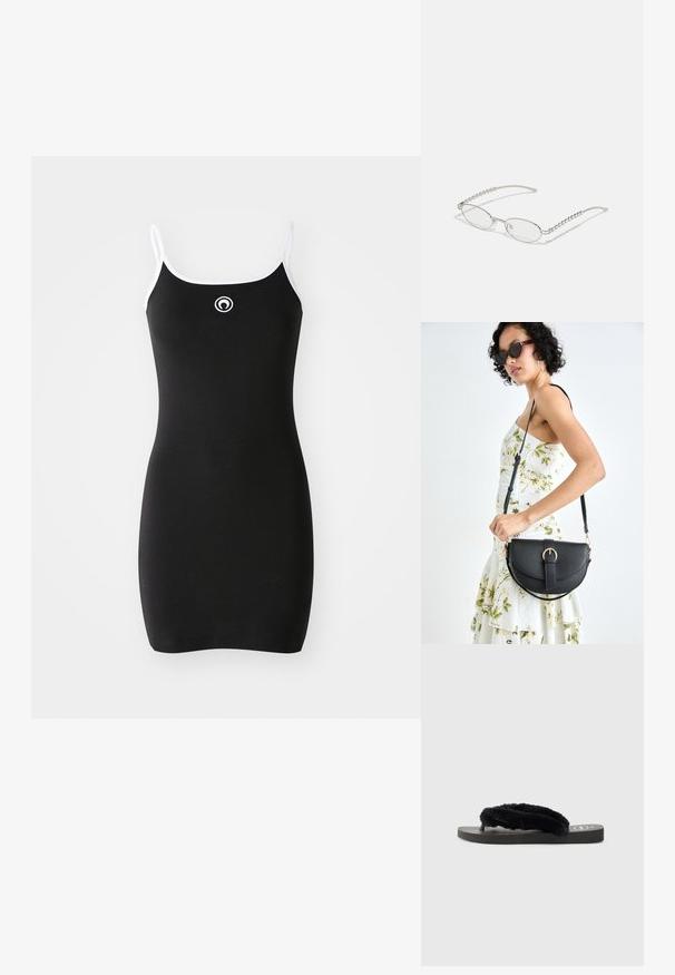 Juoda briaunota suknelė su plonais baltais petnešėlėmis ir apskritu logotipu krūtinėje. Paprastas dizainas, prigludusi siluetas, sklandi tekstūra.; Juodos flip-flop šlepetės su dviem minkštais, pūkuotais dirželiais, plokščiu guminiu padu ir tekstūruotu padu, skirtu sukibimui. Paprastas dizainas monohrominėje spalvų schemoje.; Ovalios akiniai su metaliniu sidabriniu rėmu, skaidriais objektyvais ir tekstūruotais karoliukų akcentais ant šventyklų. Lengvas dizainas su kreivomis šakėmis.; Juodas odinis krepšys su išlenkta forma, nuimamu dirželiu ir auksiniais detalėmis. Krepšys turi kilpą su sagtimi.
