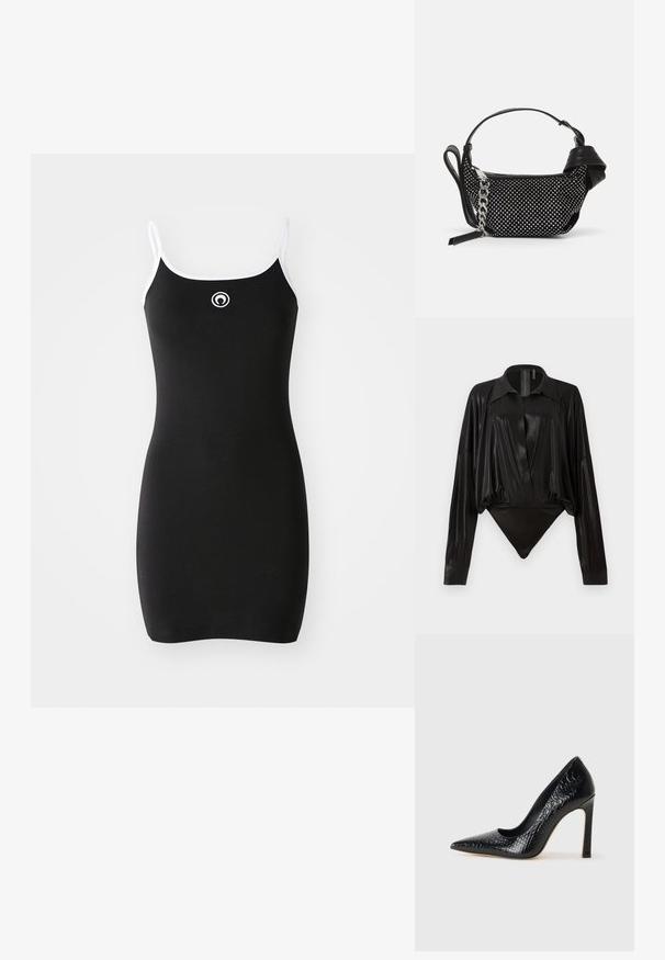 Črna rebrasta obleka z tankimi belimi naramnicami in krožnim logotipom na prsih. Enostaven dizajn, prilegajoča silhueta, gladka tekstura.; Črn bodi z dolgimi rokavi, V-izrezom in prilegajočo silhueto. Narejen iz sijočega, gladkega materiala z oblikovanim ovratnikom in manšetami.; Črne čevlje z visoko peto in konico v obliki puščice, z teksturo krokodilje kože, ki se ponašajo s sleek oblikovanjem, visokim stiletto peto in gladkim črnim notranjostjo.; Črna torbica z teksturiranim dizajnom, okrašena s srebrnimi bleščicami in debelim srebrnim trakovanjem. Ima eleganten, minimalističen oblik.